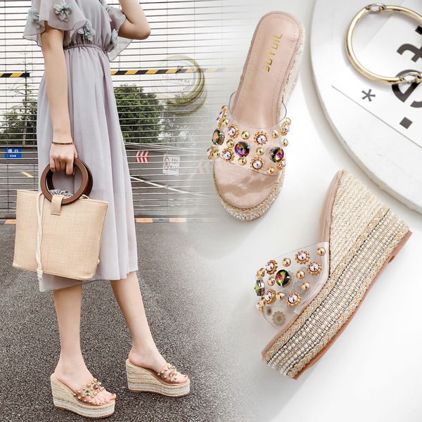 summer new thick-soled hemp rope rivet rhinestone high-heeled women's slippers transparent wedge sandals and slippers, Black
summer new thick-soled hemp rope rivet rhinestone high-heeled women's slippers transparent wedge sandals and slippers, Black