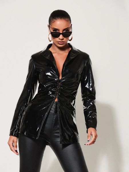 sxy solid hook & eye lapel neck patent blazer o9h3#, White;black
sxy solid hook & eye lapel neck patent blazer o9h3#, White;black