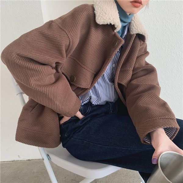 women's wool & blends 2021 coat autumn winter warm women lambswool jackets turn-down collar coats outerwear short oversize outwear brow, Black
women's wool & blends 2021 coat autumn winter warm women lambswool jackets turn-down collar coats outerwear short oversize outwear brow, Black