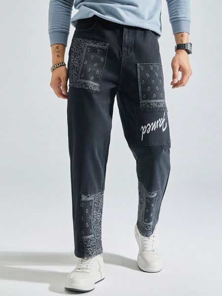 men paisley scarf print letter embroidery jeans f0dk#, Blue