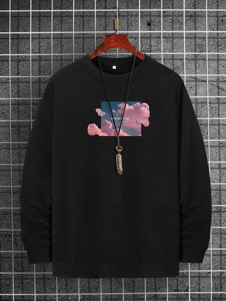 men sky & letter sweatshirt i74v#, Black