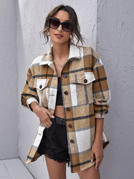 drop shoulder button front flap pocket plaid coat x8yr#, Black