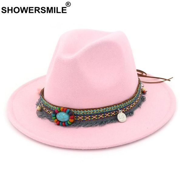 showersmile pink fedora ladies vintage felt hat women casual ethnic style large brim tweed autumn winter jazz cap red black 2021 c0123, Blue;gray
showersmile pink fedora ladies vintage felt hat women casual ethnic style large brim tweed autumn winter jazz cap red black 2021 c0123, Blue;gray