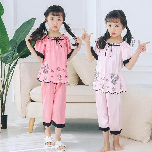 women's sleepwear summer children's pajamas set girls short-sleeved thin ice silk simulation home service, Black;red
women's sleepwear summer children's pajamas set girls short-sleeved thin ice silk simulation home service, Black;red
