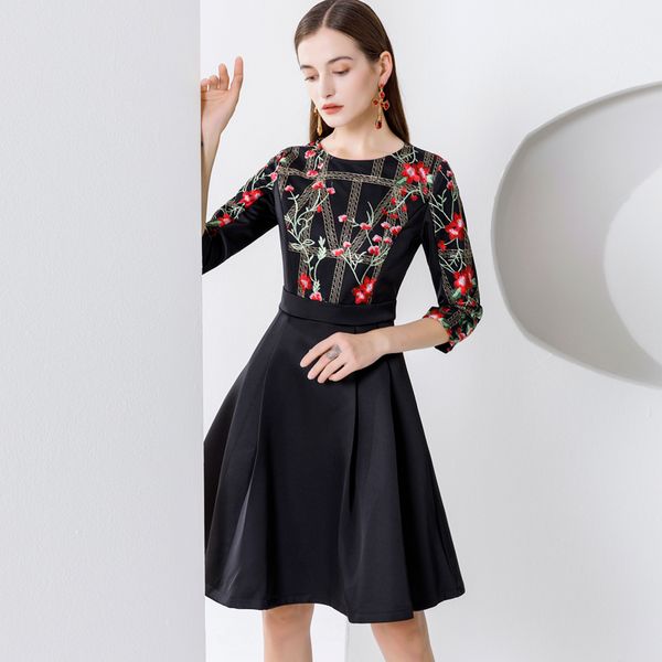 women's runway dress o neck 3/4 sleeves embroidery bodice patchwork fashion autumn dresses, Black
women's runway dress o neck 3/4 sleeves embroidery bodice patchwork fashion autumn dresses, Black