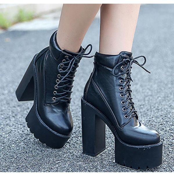 women autumn korean style lace up high upgraded female thick heel waterproof platform round head color matching short boots, Black 
women autumn korean style lace up high upgraded female thick heel waterproof platform round head color matching short boots, Black