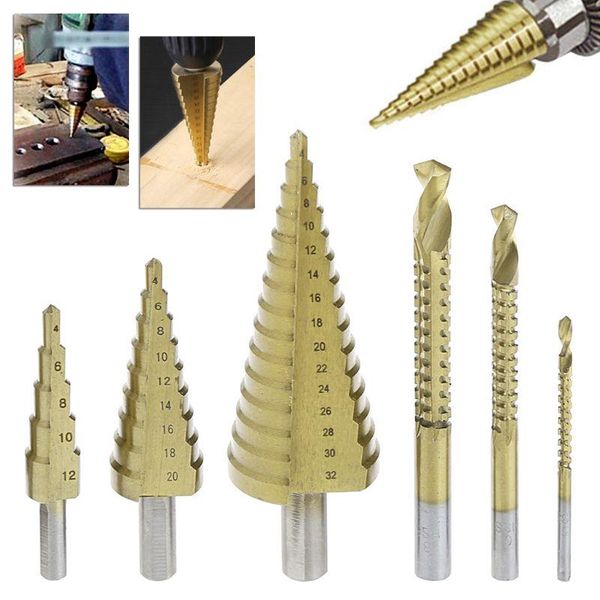 6 pcs/set hss steel titanium coated step drill bit hole cutter 4-32mm metal tool