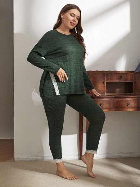 plus lace detail drop shoulder slit hem pj set p8fs#, Black;white
plus lace detail drop shoulder slit hem pj set p8fs#, Black;white