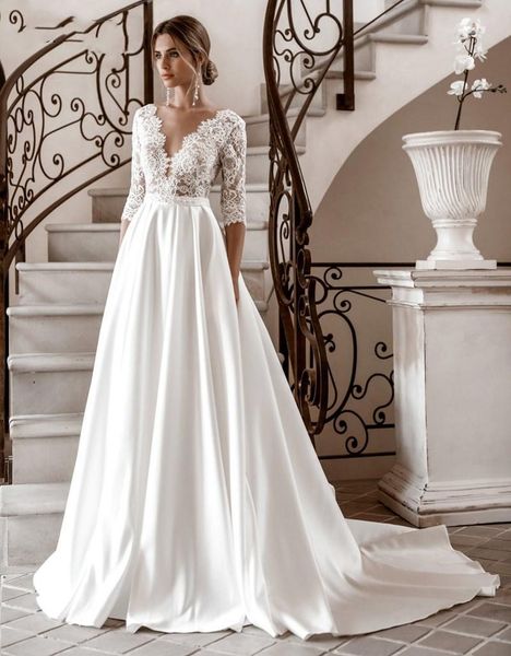 setwell deep v-neck a-line wedding dresses half sleeves backless lace appliques pleated floor length bridal gowns, White
setwell deep v-neck a-line wedding dresses half sleeves backless lace appliques pleated floor length bridal gowns, White