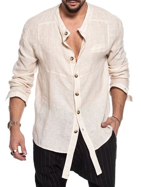 2020 standing collar cotton linen long sleeve casual men's medium length shirt, White;black
2020 standing collar cotton linen long sleeve casual men's medium length shirt, White;black