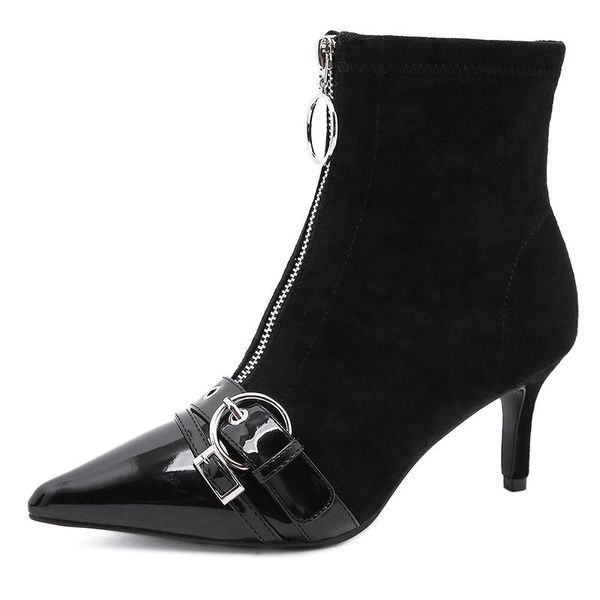 women ankle boots pointed patent leather stitching high heel short boots front zipper cool metal decorative motorcycle new, Black
women ankle boots pointed patent leather stitching high heel short boots front zipper cool metal decorative motorcycle new, Black