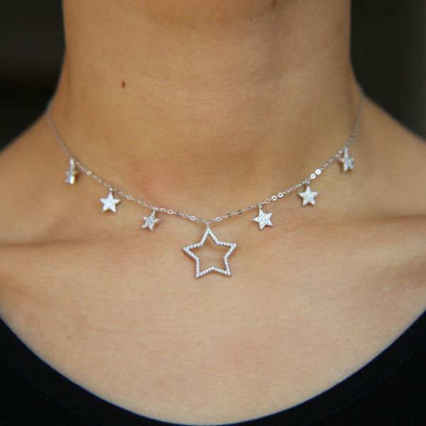 

chains 100% 925 sterling silver sparking star drop charm elegant lady female gift christmas rose gold color necklace