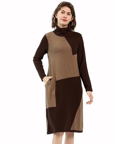 zhili women's 100% cashmere turtleneck splice color knit midi sweater dress, White;black
zhili women's 100% cashmere turtleneck splice color knit midi sweater dress, White;black