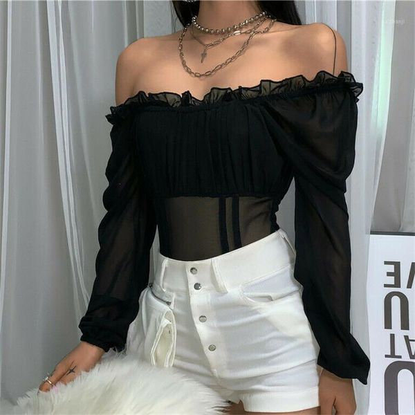 women off shoulder romper bodysuit leotard long sleeve ruffles sheer mesh jumpsuits outfits club see-through summer set1, Black;white
women off shoulder romper bodysuit leotard long sleeve ruffles sheer mesh jumpsuits outfits club see-through summer set1, Black;white