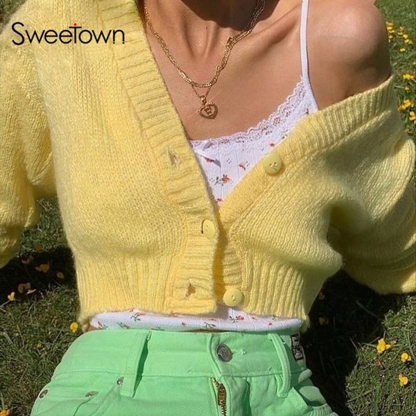 sweetown yellow sweet knitted cardigan sweater women button v neck long sleeve autumn winter sweater korean fashion y2k knitwear y200910, White;black
sweetown yellow sweet knitted cardigan sweater women button v neck long sleeve autumn winter sweater korean fashion y2k knitwear y200910, White;black