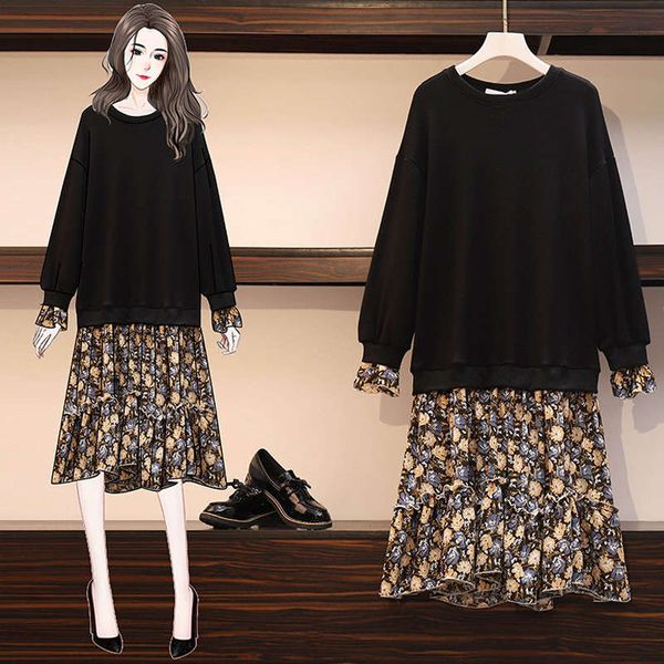 large women's wear fall / winter 2020 new fat sister foreign style thin sweater floral dress fake two piece suit, Black
large women's wear fall / winter 2020 new fat sister foreign style thin sweater floral dress fake two piece suit, Black