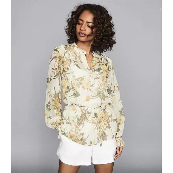 small fresh retro vacation style small perspective printed ruffled pleated long-sleeved lady shirt shirt1, White
small fresh retro vacation style small perspective printed ruffled pleated long-sleeved lady shirt shirt1, White