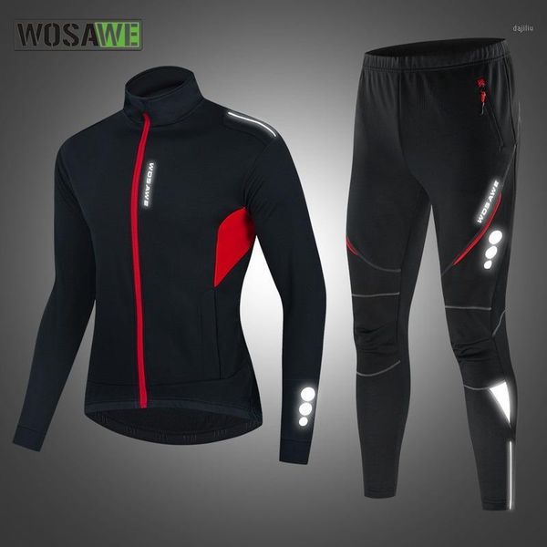 wosawe men winter reflective cycling jacket set warm thermal fleece windproof bike jacket mtb bicycle suit cycling clothing sets1, Black;red