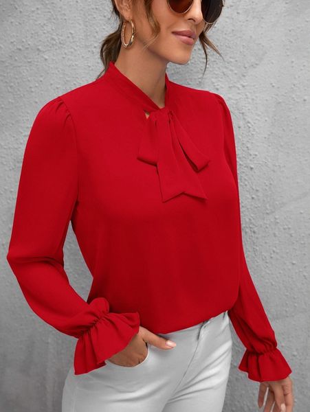 solid tie front blouse b62v#, White 
solid tie front blouse b62v#, White