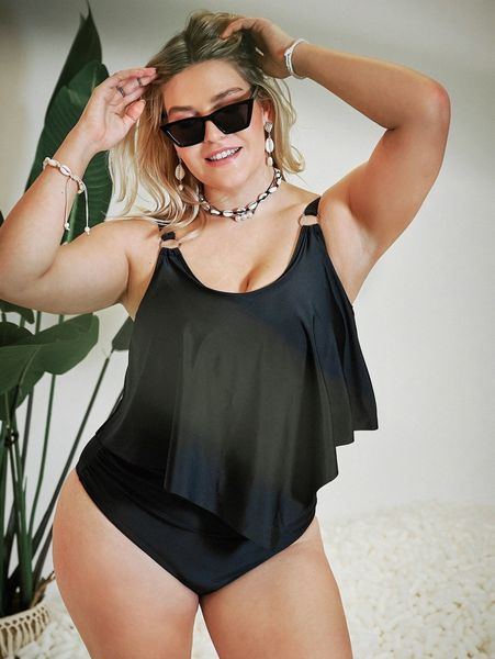 plus solid hanky hem bikini swimsuit y9hi#, Black