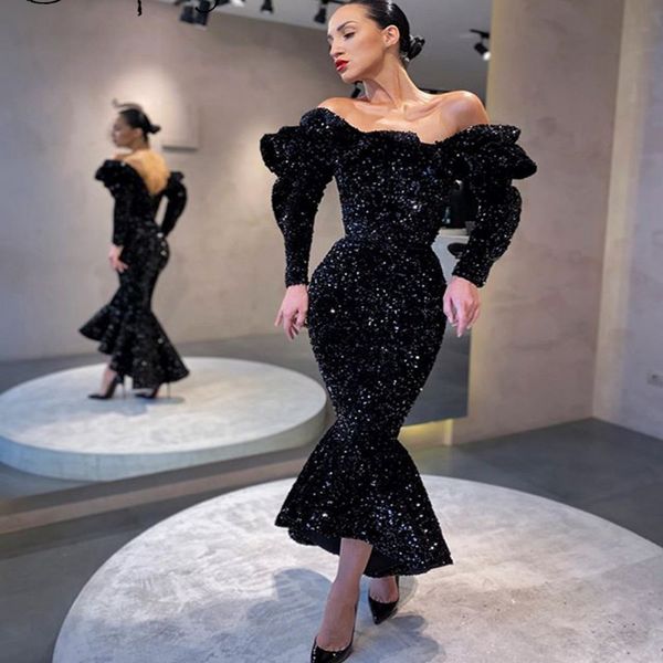 shiny sequined long sleeves prom dress off the shoulder vestidos de fiesta ankle lnegth mermaid evening dreess custom made women vestidos, Black
shiny sequined long sleeves prom dress off the shoulder vestidos de fiesta ankle lnegth mermaid evening dreess custom made women vestidos, Black