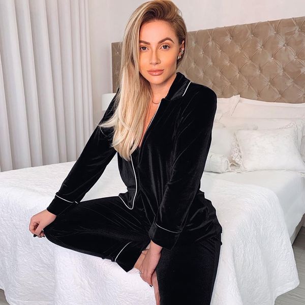 hiloc winter velvet pajamas for women two piece set thick long sleeve sleepwear warm solid home suit nightwear black pajama 201109, Black;red
hiloc winter velvet pajamas for women two piece set thick long sleeve sleepwear warm solid home suit nightwear black pajama 201109, Black;red
