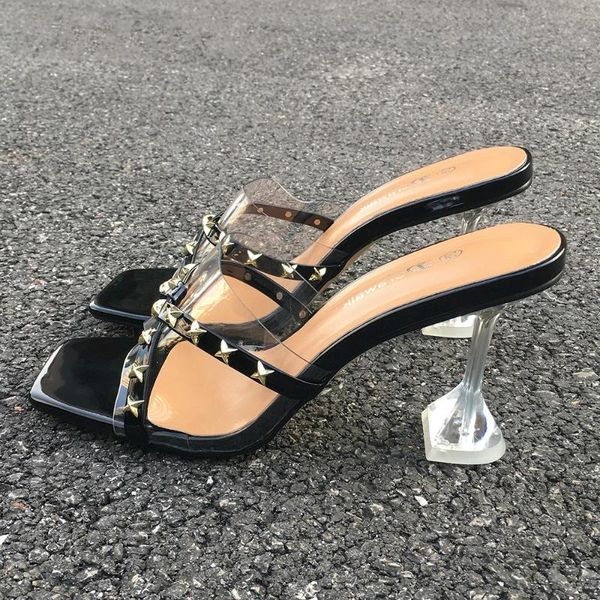 heel sandals fashion mules fetish super high heels gold rivets strip slip on square toe party sandalias mujer plus size 46, Black
heel sandals fashion mules fetish super high heels gold rivets strip slip on square toe party sandalias mujer plus size 46, Black