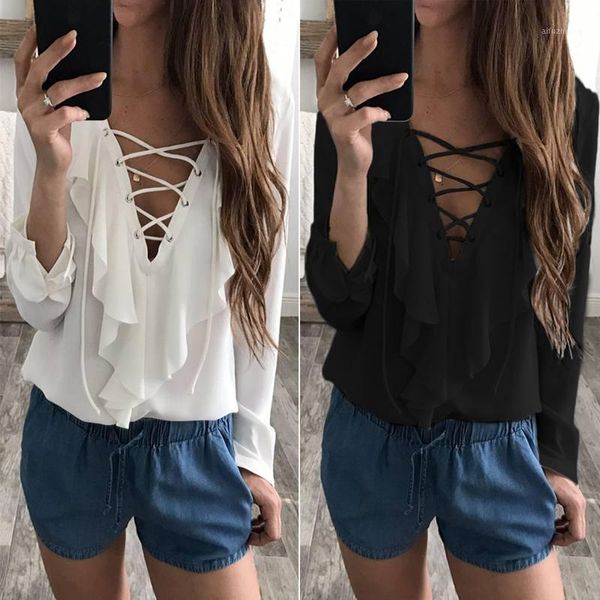 women blouse celmia 2021 autumn chiffon blouse lace up v neck ruffled long sleeve shirt casual plus size blusas femme1, White
women blouse celmia 2021 autumn chiffon blouse lace up v neck ruffled long sleeve shirt casual plus size blusas femme1, White