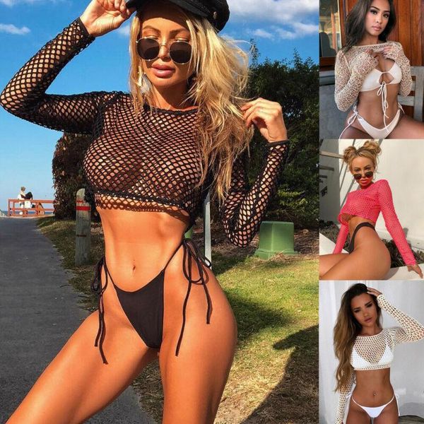 women see through mesh fishnet long sleeve crop tee shirt summer beach swimwear bikini cover-ups solid color 2020 new, White;black
women see through mesh fishnet long sleeve crop tee shirt summer beach swimwear bikini cover-ups solid color 2020 new, White;black