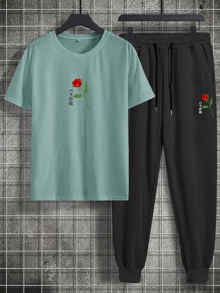 romwe guys floral print tee & drawstring sweatpants a9i5#, Gray