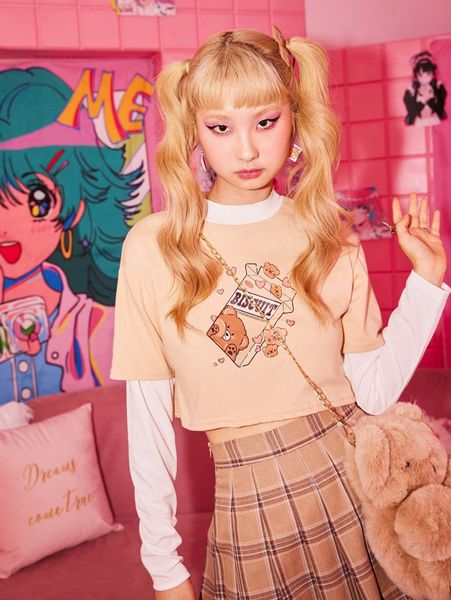 romwe 2 in 1 cartoon graphic colorblock crop tee b7wt#, White