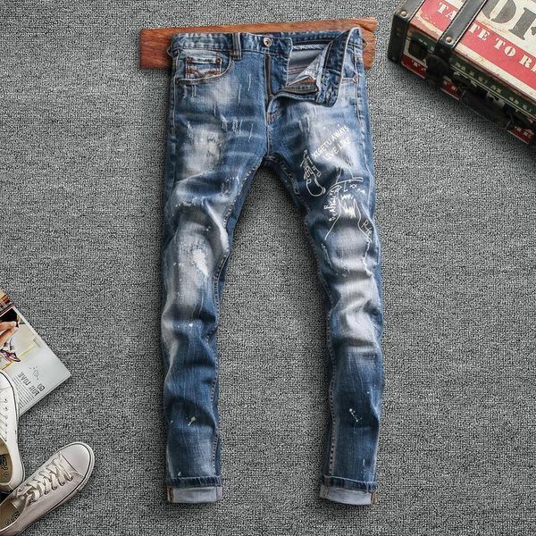 fashion streetwear men jeans retro blue elastic slim fit ripped cotton denim pants printed designer hip hop trousers1
fashion streetwear men jeans retro blue elastic slim fit ripped cotton denim pants printed designer hip hop trousers1