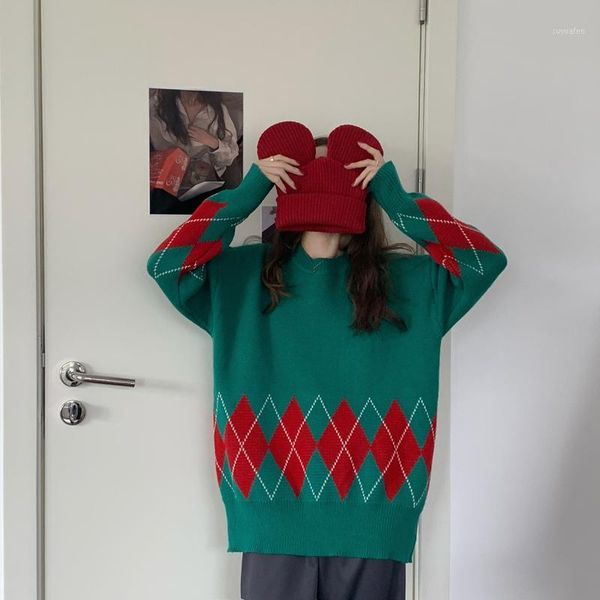 vintage argyle jersey woman 2020 korean casual christmas o-neck oversized sweater hit color long sleeve pullover jumpers female1, White;black
vintage argyle jersey woman 2020 korean casual christmas o-neck oversized sweater hit color long sleeve pullover jumpers female1, White;black
