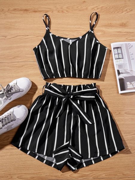 striped cropped cami & belted paperbag shorts set 401d#, White