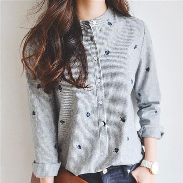 korea cotton blouse women striped leaves embroidered long sleeve stand collar blouse slim shirt casual shirt office lady top, White
korea cotton blouse women striped leaves embroidered long sleeve stand collar blouse slim shirt casual shirt office lady top, White