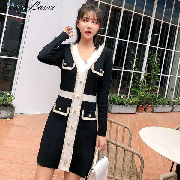2020 autumn winter v-neck single breasted color patchwork knitting sweater dress mini bodycon tassel pencil dresses vestidos1, Black;gray
2020 autumn winter v-neck single breasted color patchwork knitting sweater dress mini bodycon tassel pencil dresses vestidos1, Black;gray