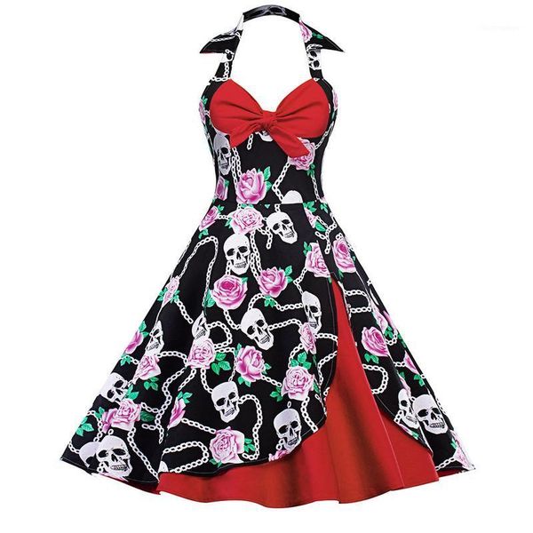 retro bowknot skeleton head prints halter splicing design slim waist large hem dress1, Black;gray
retro bowknot skeleton head prints halter splicing design slim waist large hem dress1, Black;gray