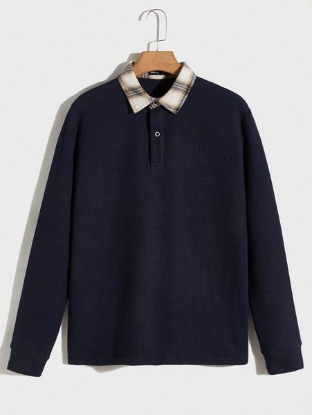 men contrast plaid collar polo shirt b08y#, White;black 
men contrast plaid collar polo shirt b08y#, White;black