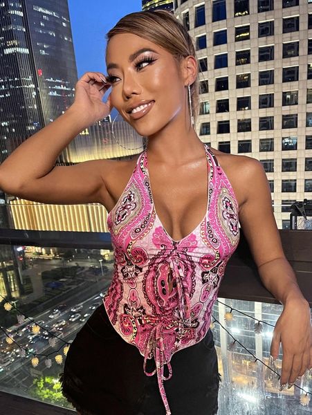 paisley print drawstring front halter z7om#, White 
paisley print drawstring front halter z7om#, White
