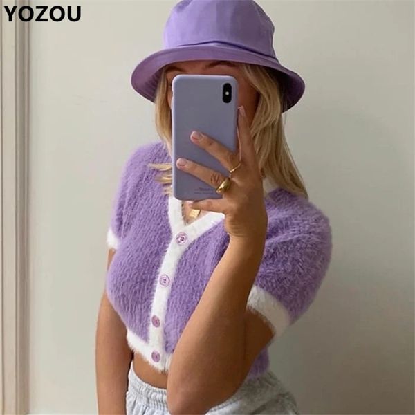 harajuku vintage candy color kawaii cute purple green cardigan short sleeve short sweater for women crop yl-5 y200915, White;black 
harajuku vintage candy color kawaii cute purple green cardigan short sleeve short sweater for women crop yl-5 y200915, White;black