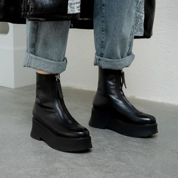 cialisa ankle boot genuine leather round toe platform zipper chunky heel shoes 2020 new design wedge high heel women boots, Black
cialisa ankle boot genuine leather round toe platform zipper chunky heel shoes 2020 new design wedge high heel women boots, Black
