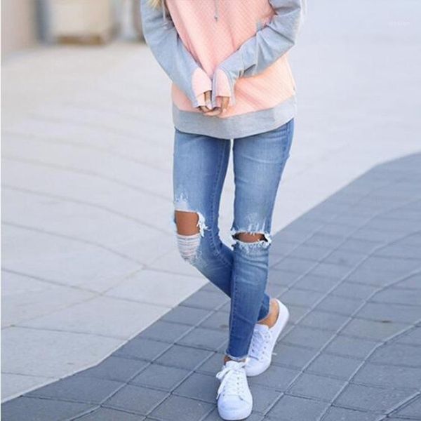 ripped hole denim jeans for women slim skinny full length pencil pants pantalon jean femme1, Blue