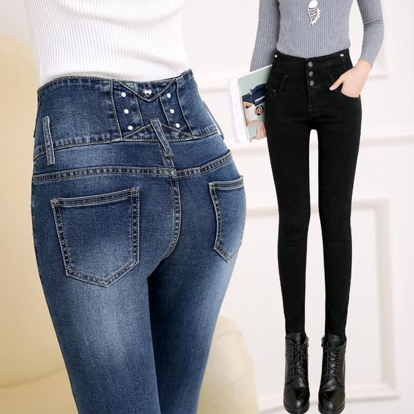 autumn and winter plus size high waist jeans women elastic slim studients pencil pants women's high-waist skinny jeans, a134, Blue