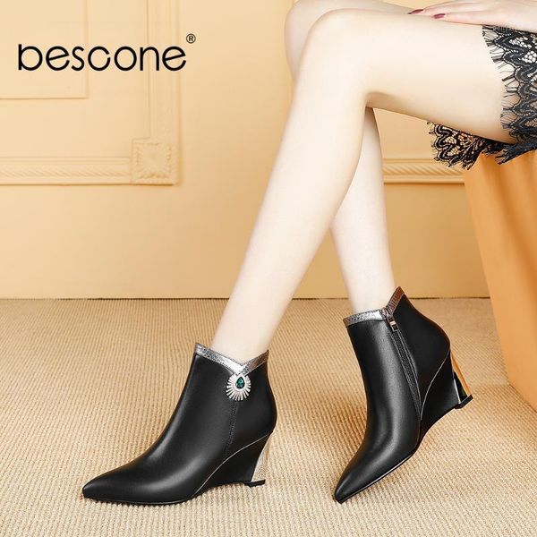boots bescone women's fashion elegant leather handmade ladies ankle wedges heel pointed toe women bo6981, Black
boots bescone women's fashion elegant leather handmade ladies ankle wedges heel pointed toe women bo6981, Black