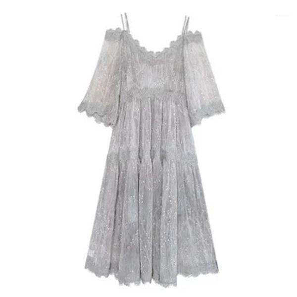 new summer dress vintage floral women's dress large size sling chiffon loose big size lace puff sleeve female j380-21, Black;gray
new summer dress vintage floral women's dress large size sling chiffon loose big size lace puff sleeve female j380-21, Black;gray