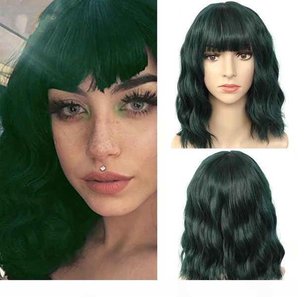 green human hair wig lolita short hair and bangs cosplay water wave synthetic wig front lace human hair wig, Black
green human hair wig lolita short hair and bangs cosplay water wave synthetic wig front lace human hair wig, Black