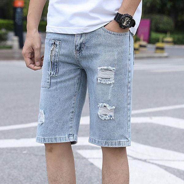 

men's jeans five points korean version of the hole 5 straight casual pants breeches summer thin trend denim shorts men loose, Blue