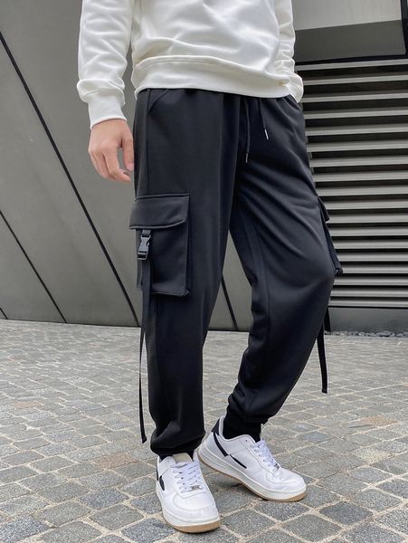 men buckled flap pocket side drawstring waist sweatpants q3a6#, Black
men buckled flap pocket side drawstring waist sweatpants q3a6#, Black