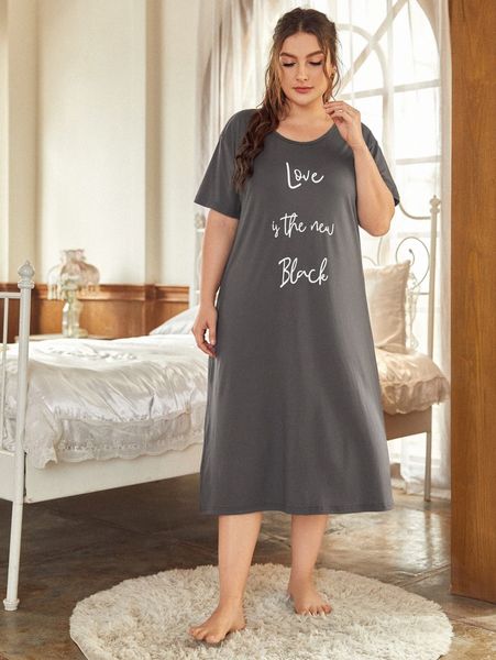 plus slogan graphic night dress g4iz#, Black;white