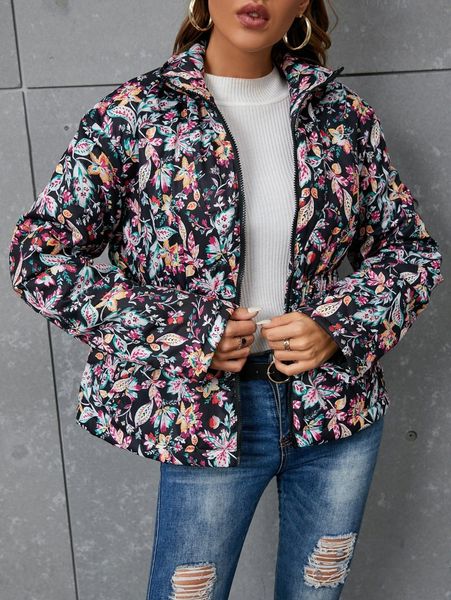 allover floral print zip up winter coat m499#, Black
